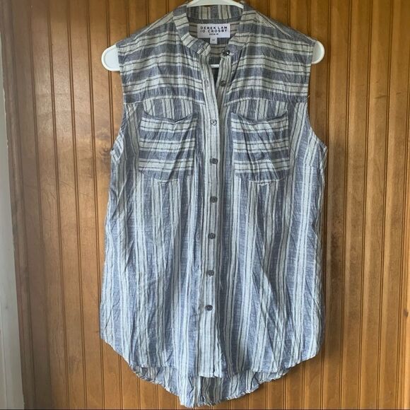 DEREK Lam 10 Crosby Striped Coastal Denim Silk Tank Top - Women Size Small - Picture 1 of 7